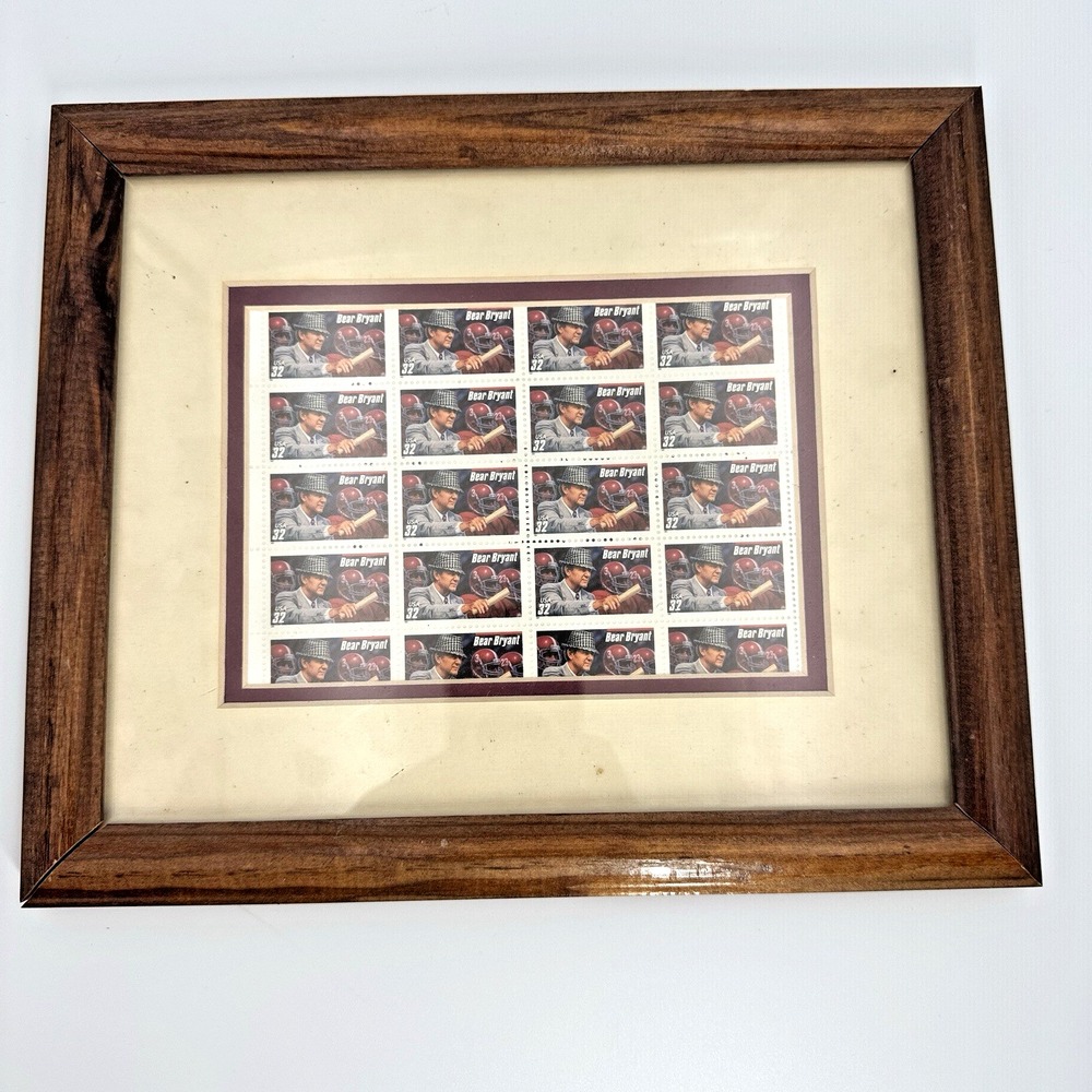 1997 Bear Bryant 32¢ USPS Stamp Sheet of 20 Framed Alabama Crimson Tide Football